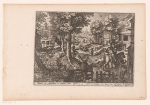 Pejzaż z historią Dobrego Samarytanina: przybycie do karczmy Historia dobrego Samarytanina (tytuł serii) autorstwa Jaspar de Isaac (attributed to)