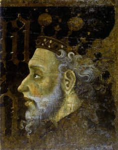 Alfonso V of Aragon dit le Magnanime - Alfonso V (1396-1458), King of Aragon - Obraz Jaume (Jaime) Mateu (1382-1452) - 1427 - Tempera na panelu - 56,3x45,3 - Narodowe Muzeum Sztuki Katalonii , Barcelona