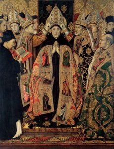 Retable de Saint Augustin - Konsekracja św. Augustyna - Obraz Hugueta, Jaume (1412-1492) - 1462-1465 - Tempera na panelu - 250x193 - Museu Nacional d