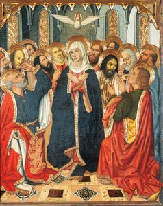 Tablica Zesłania Ducha Świętego. Z ołtarza konstabla Portugalii (1464-1465). Maluj na drewnie. Jaume Huguet (1414-1492). XV wiek (malarstwo na drewnie)