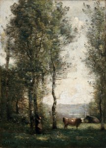 Zalesiony krajobraz z krowami na polanie autorstwa Jean-Baptiste-Camille Corot