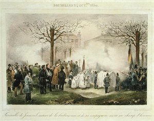 Pogrzeb Louisa-Alexandre Dechet (Jenneval) (1801-30) i jego towarzyszy zmarłych na polu honoru, 24 października 1830, ryty przez Dewasme-Pletinckxa autorstwa Jean Baptiste (after) Madou