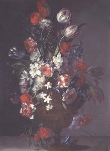 Tulipany, róże i inne kwiaty w wazonie na półce autorstwa Jean Baptiste (follower of) Monnoyer