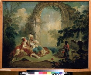 Orientalizm: „Turecki pasza i odaliska leżące na dywanie, obsługiwane przez czarnego służącego” (turecki pasza i odaliska) Obraz Jean Baptiste Hilaire (1753-ok. 1822) Muzeum Pouchkine, Moskwa autorstwa Jean Baptiste Hilaire