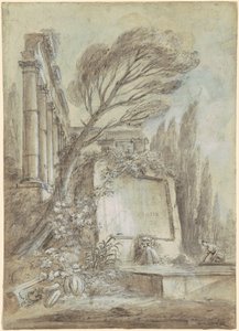 Fantazja architektoniczna przedstawiająca rzymskie ruiny z tablicą inskrypcyjną, ok. 1768 (brązowy tusz na papierze)