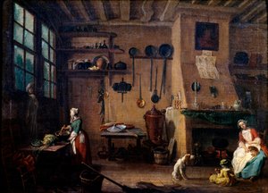 Wnętrze kuchni w XVIII wieku. Kucharz przygotowuje posiłek. W tle widzimy wiszące na ścianie naczynia kuchenne. Obraz Jeana Baptiste Lallemanda (1710-1803) XVIII-wieczne Dijon, Muzeum Sztuk Pięknych