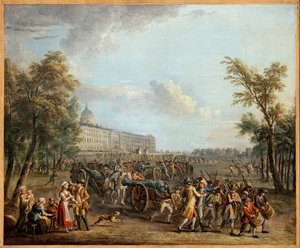 Grabież broni u Inwalidów, mieszkańcy Paryża, po przejęciu Garde Meuble 13 lipca, najechali Inwalidów 14 lipca 1789 r. i zdobyli 4 działa i 34 000 dział, Obraz Jeana Baptiste Lallemanda (1716-1803) . Fotografia, KIM Youngta
