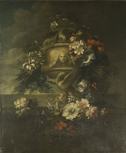 Kwiaty w rzeźbionym wazonie (olej na płótnie) autorstwa Jean Baptiste Monnoyer
