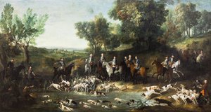 Ludwik XV polujący na jelenie w lesie Saint-Germain, 1730 (olej na płótnie) autorstwa Jean-Baptiste Oudry