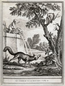 Wrona i lis, ilustracja Jean-Baptiste Oudry (1686-1755) do bajki Jeana de La Fontaine (1621-1695) autorstwa Jean Baptiste Oudry