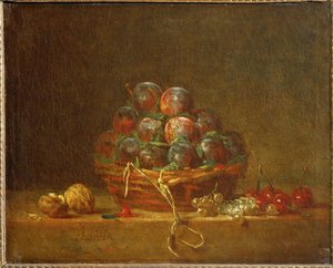 Kosz ze śliwkami, orzechami, porzeczkami i wiśniami (obraz na płótnie) autorstwa Jean-Baptiste Simeon Chardin