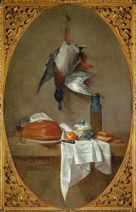 Canard moDuck zawieszony na nodze, ciasto, miska i garnek z oliwkami (obraz na płótnie) autorstwa Jean-Baptiste Simeon Chardin