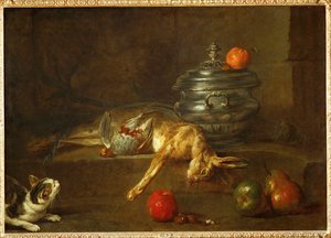 Kot patrzący na martwą kuropatwę i martwego zająca, rzucone obok garnka z olejem (obraz na płótnie) autorstwa Jean-Baptiste Simeon Chardin