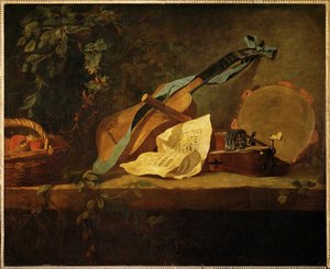 Instrumenty muzyczne i kosz owoców (obraz na płótnie) autorstwa Jean-Baptiste Simeon Chardin
