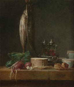 Martwa natura z rybą, warzywami, gulaszem, garnkami i naczyniami na stole autorstwa Jean-Baptiste Simeon Chardin