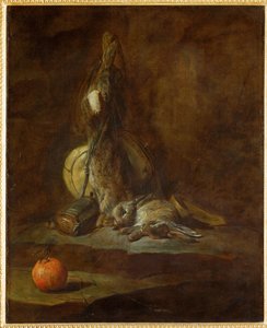 Dwa martwe zające z torbą, prochowcem i pomarańczą (obraz na płótnie) autorstwa Jean-Baptiste Simeon Chardin