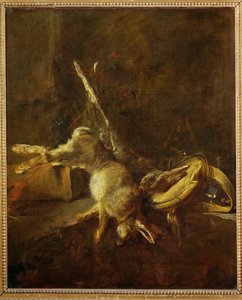 Dwa zające, torba i prochownica (obraz na płótnie) autorstwa Jean-Baptiste Simeon Chardin