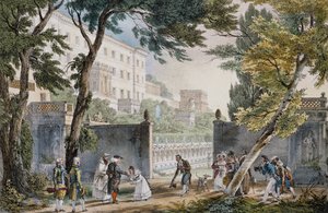 Szarmancka scena przy wejściu do willi w Rzymie, ok. 1820, sztych Jean-Baptiste Thomas (1791.1833) autorstwa Jean-Baptiste Thomas