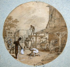 Warsztat stolarski, projekt tabliczki do usługi przedstawiającej różne branże, ok. 1820-35 (pióro i tusz oraz pranie i gwasz na papierze)