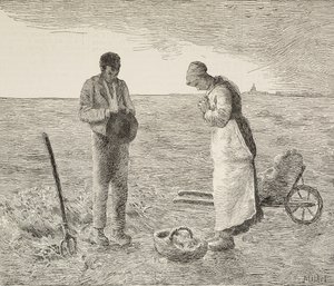 Angelus, para rolników na polach, rycina z obrazu Jean-Francois Milleta (1814-1875), francuskiego malarza, z L