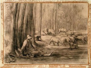 Pijalnia w lesie (czarna kreda na papierze) autorstwa Jean Francois Millet