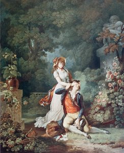 Zaskoczony kochanek, rytowany przez Charlesa Melchiora Descourtisa (1753-1820) (kolor grawerowany) autorstwa Jean Frederic (after) Schall