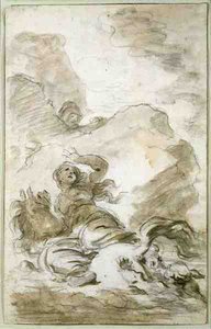 Angelica dociera do brzegu, gdzie czeka pustelnik (kreda, długopis, tusz i pranie na papierze) autorstwa Jean Honore Fragonard