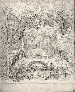 Kaskada w ogrodzie (kreda na papierze) autorstwa Jean Honore Fragonard