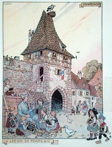 Francuski żołnierz uczący francuskiego alzackie dzieci, które ponownie stały się obywatelami francuskimi, ilustracja z „Histoire de l