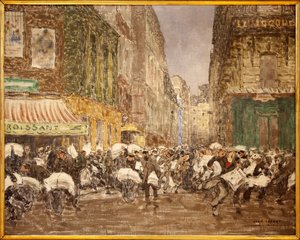Wydawanie wieczornych gazet, rue du Croissant w 1914 r., Obraz Jeana Louisa (Jean-Louis) Leforta (1875-1954), przedstawiający działalność prasy tradycyjnie istniejącej w dużej części 2. dzielnicy Paryża, W kawiarni du Cr autorstwa Jean Louis Lefort