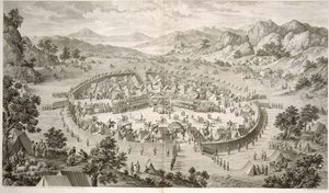 Tchao-Hoei zajmuje swoje wojska ćwiczeniami i igrzyskami wojskowymi w 1758 r., tablica 5 z serii rycin przedstawiających podboje Qianlonga, cesarza Chin, rytowana przez Pierre