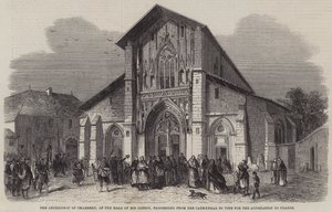 Arcybiskup Chambery, na czele swojego duchowieństwa, wychodzący z katedry, aby zagłosować za przyłączeniem do Francji autorstwa Jean Adolphe Beauce