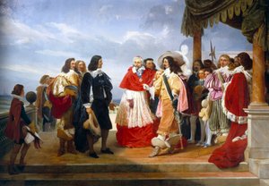 Nicolas Poussin Francuski malarz przybywający z Rzymu zostaje przedstawiony królowi Francji Ludwikowi XIII przez kardynała Richelieu, detal