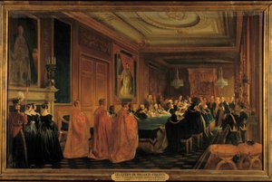 Królowa Wiktoria (1819-1901) przyjmująca króla Ludwika Filipa I (1773-1850) jako rycerza w zakonie Jarretiere, w zamku Windsor autorstwa Jean Alaux