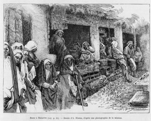 Bazar Bahrajn, Czad. Grawerowanie A.Rixensa ilustrujące historię A Suse, journal des excavilles