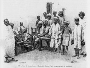 Kawiarnia w Steamer Point Bazaar, Aden, Jemen. Grawerowanie A.Rixensa ilustrujące historię A Suse, journal des excavilles
