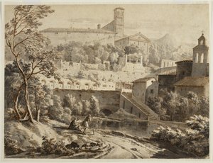 Artysta szkicujący wzdłuż brzegu rzeki, poniżej włoskiego miasta, ok. 1780 (tusz i pranie na papierze wykładanym, ślady czarnej kredy) autorstwa Jean Antoine Constantin