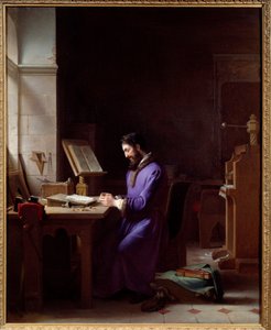 Johannes Gensfleisch Gutenberg (1400-1468) wynalazł prasę drukarską Niemiecki drukarz jest przedstawicielem obsługującym znaki w swoim biurze. Obraz Jeana Antoine