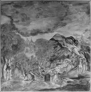Ludzie przechodzący obok zwłok Marata w pobliżu groty Les Cordeliers, 1793 (ołówek i wc na papierze)