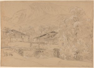 Alpejska wioska latem (czarna kreda i grafit podkreślone białą kredą na jasnobrązowym papierze) autorstwa Jean Antoine Linck