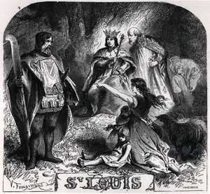 St. Louis oddaje sprawiedliwość pod dębem w Vincennes, z „Histoire de France en Tableaux”, ryty przez Pannemakera (grafika) (zdjęcie czarno-białe)