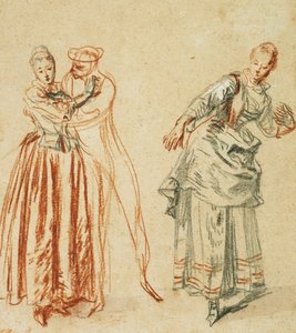 Scena z komedii dell"arte: Dziewczyna przeciwstawiająca się zalotom komika i aktorka wykonująca krok, c.1718 autorstwa Jean Antoine Watteau