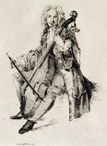 Wiolonczelista, Jean Antoine Watteau (1684-1721), grawerowanie, Francja autorstwa Jean Antoine Watteau