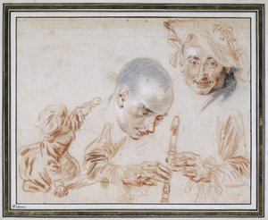 Przyczajone dziecko, dwie głowy mężczyzny, jeden w berecie, ramiona i ręce magnetofonu-gracza autorstwa Jean Antoine Watteau