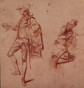 Rysunek młodego mężczyzny stojącego i innego klęczącego (papier kredkowy) autorstwa Jean Antoine Watteau