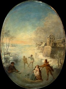 Dżentelmen na lodzie przy otoczonym murem mieście zimą (olej) autorstwa Jean Antoine Watteau