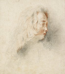 Głowa chłopca z profilu (czarno-czerwona kreda na poplamionym papierze w kolorze złamanej bieli) autorstwa Jean Antoine Watteau