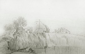 Dom na skraju stromego klifu (czerwona kreda na papierze) autorstwa Jean Antoine Watteau