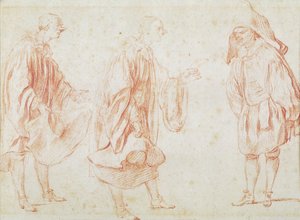 Aktorzy włoscy (czerwona kreda na papierze) autorstwa Jean Antoine Watteau