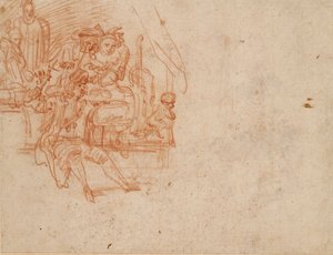 Znachor siedzący na scenie, sprzedający towary, z czterema figurkami i małpą, c1700-1720. autorstwa Jean Antoine Watteau